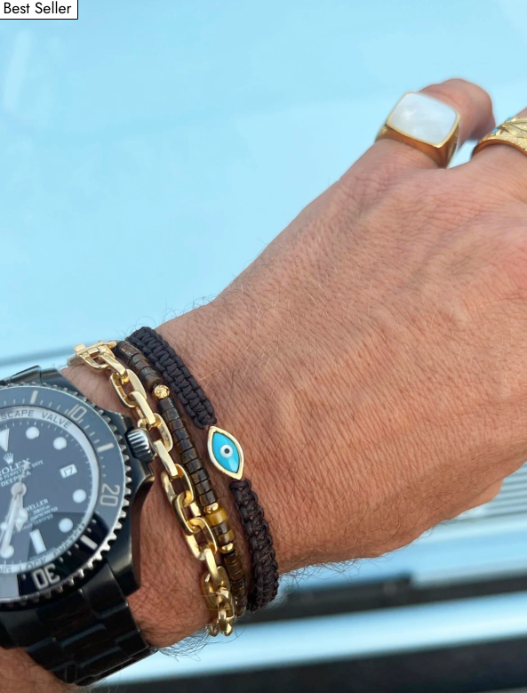 Nialaya Men's Black String Bracelet with Gold Evil Eye