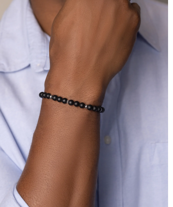 Nialaya Beaded Bracelet with Matte Onyx and Silver