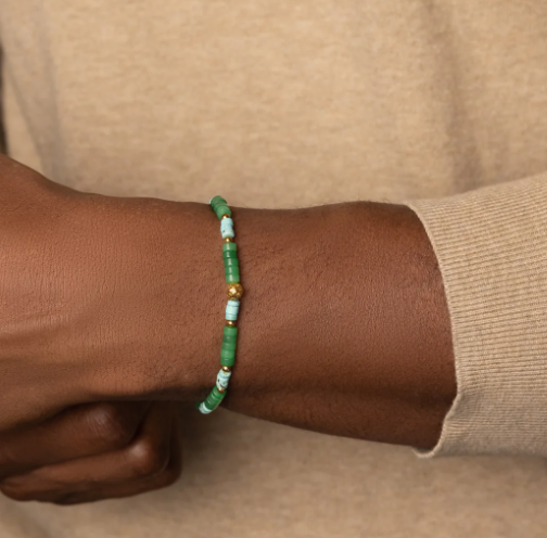Nialaya Men's Wristband with Green Aventurine and Turquoise Heishi Beads