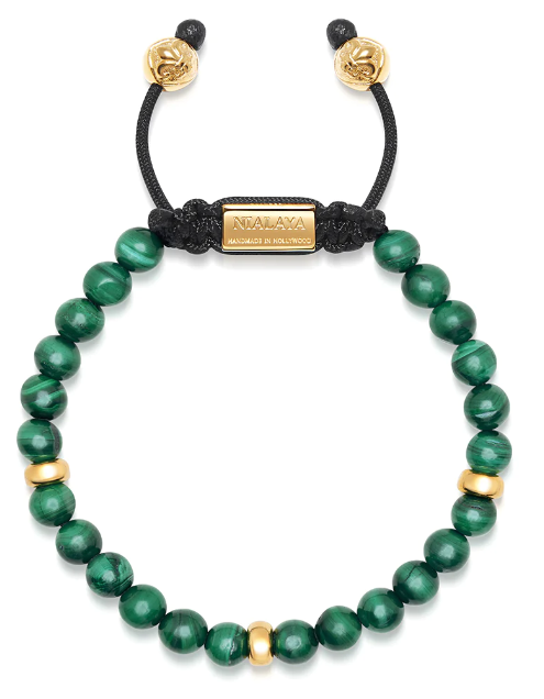 Nialaya Men's Beaded Bracelet with Malachite and Gold