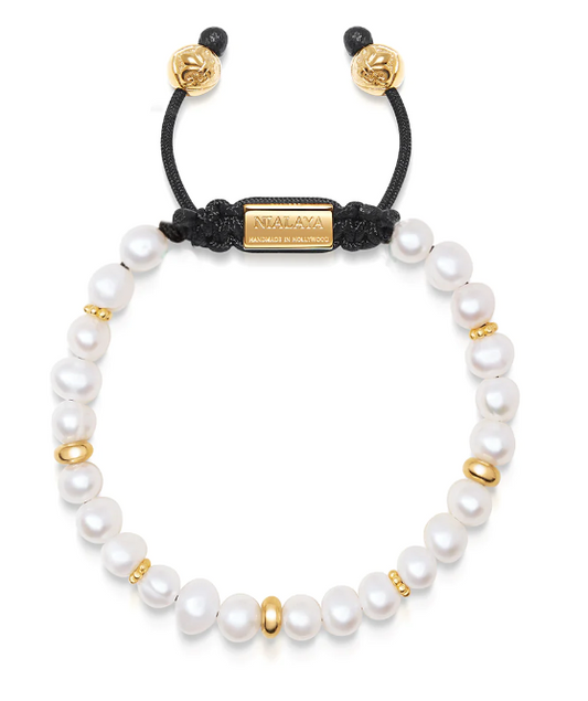 Nialaya Men's Beaded Bracelet with Pearl and Gold