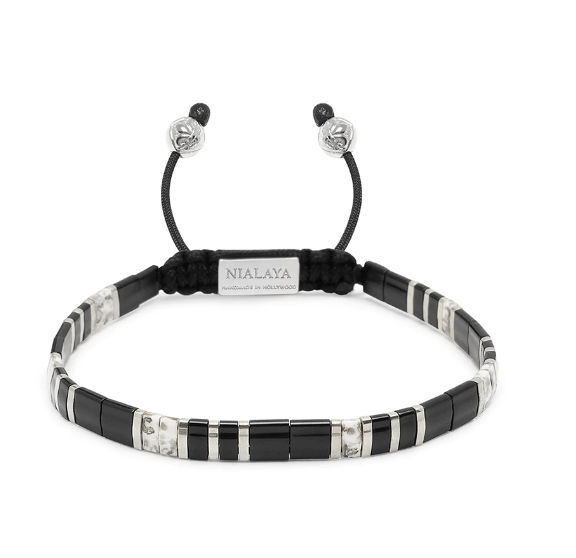 Nialaya Men's Bracelet with Black and Silver Miyuki Tila Beads
