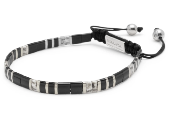 Nialaya Men's Bracelet with Black and Silver Miyuki Tila Beads