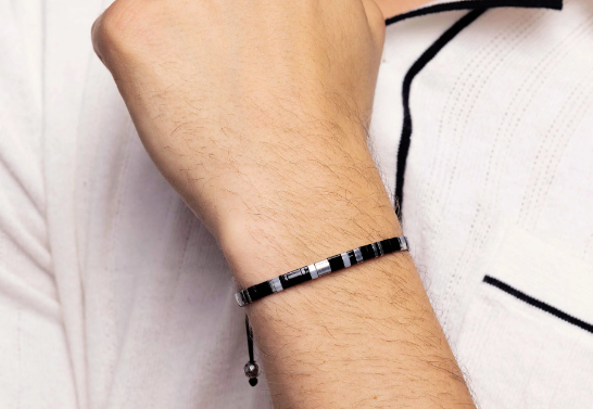 Nialaya Men's Bracelet with Black and Silver Miyuki Tila Beads