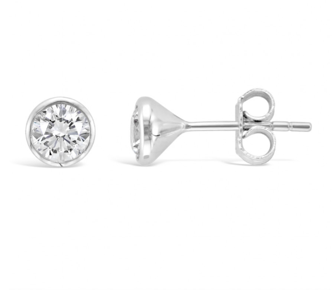 ROUND RUB-OVER SET SOLITAIRE DIAMOND EARRINGS, SET IN 18CT WHITE GOLD. 0.70CT