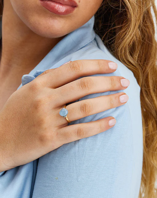 Nanis - "AZURE" GOLD, DIAMONDS AND MILKY AQUAMARINE RING (SMALL)