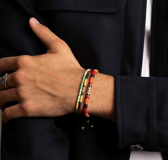 Nialaya Men's Beaded Bracelet with Green Mini Disc Beads