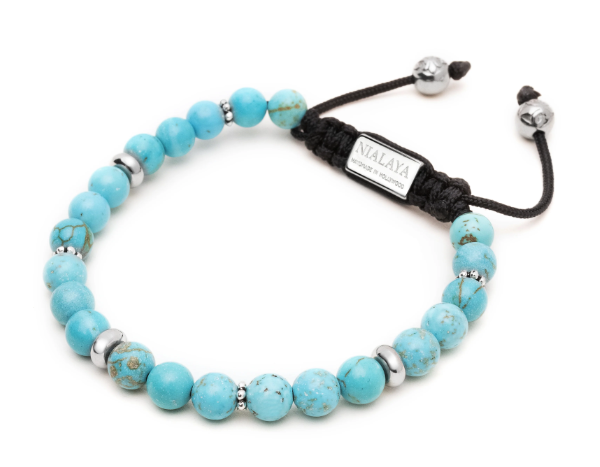 Nialaya Men's Beaded Bracelet with Turquoise and Silver