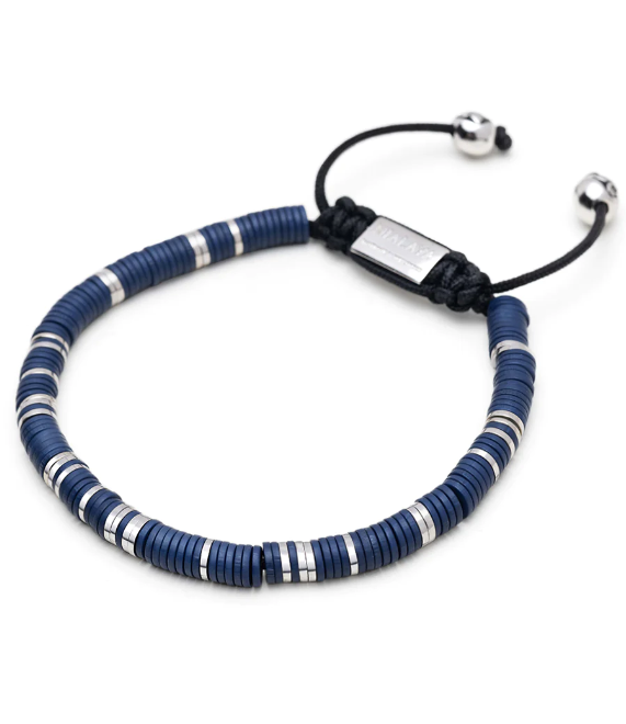Nialaya Men's Beaded Bracelet with Dark Blue and Silver Disc Beads