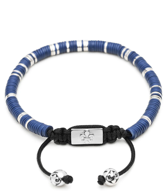 Nialaya Men's Beaded Bracelet with Dark Blue and Silver Disc Beads