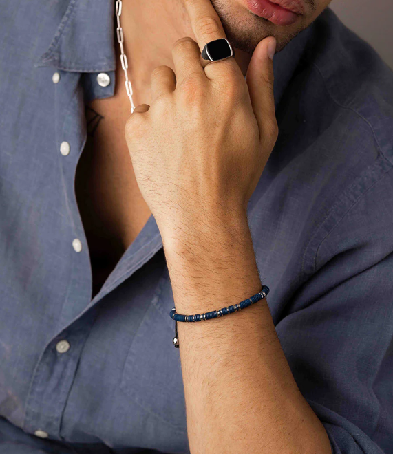 Nialaya Men's Beaded Bracelet with Dark Blue and Silver Disc Beads