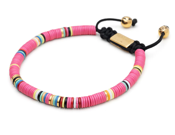 Nialaya Men's Beaded Bracelet with Pink and Gold Disc Beads