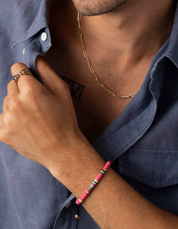 Nialaya Men's Beaded Bracelet with Pink and Gold Disc Beads