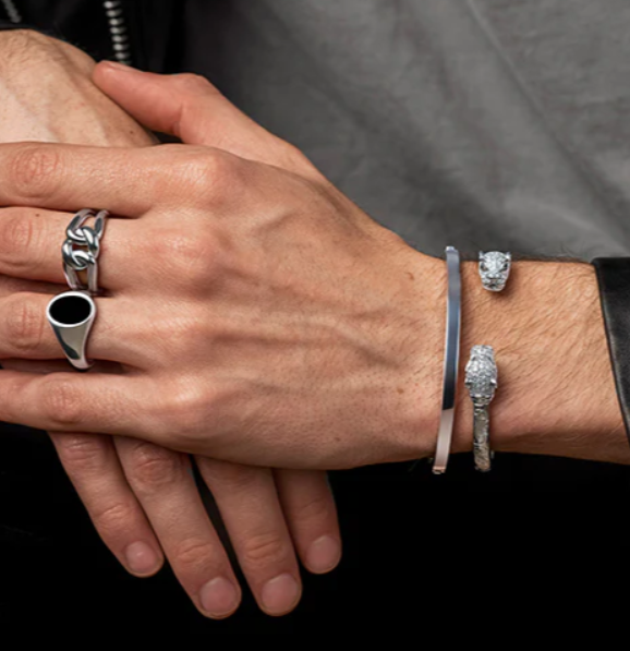 Nialaya Men's Silver CZ Panther Bangle