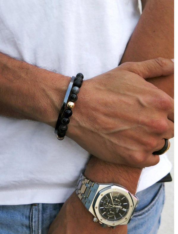 Nialaya Men's Beaded Bracelet with Agate, Onyx, Black Jade, and Blue Tiger Eye