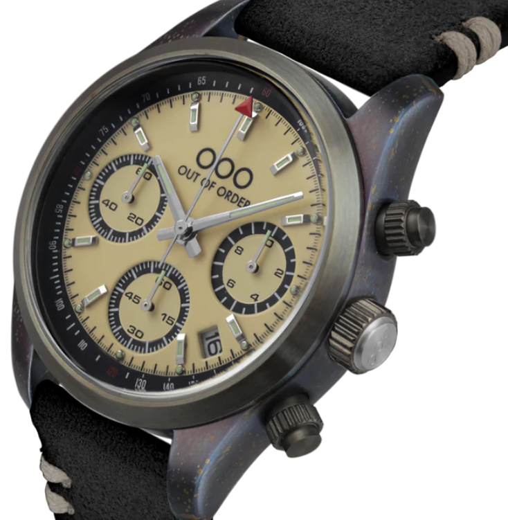 OUT OF ORDER WATCH CREAM SPORTY CRONOGRAFO - BLACK LEATHER STRAP