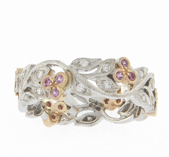 UNGAR & UNGAR PEACH BLOSSOM RING 18ct White gold and Diamond with Pink Sapphire