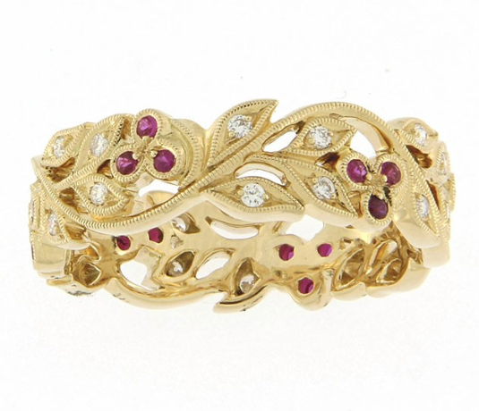UNGAR & UNGAR CHERRY BLOSSOM RING 18ct Yellow gold and Diamond with Rubies