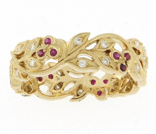 UNGAR & UNGAR CHERRY BLOSSOM RING 18ct Yellow gold and Diamond with Rubies