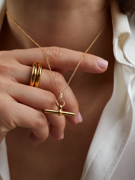 Tilly Sveaas Small Jewelled Gold T-Bar On Trace Chain