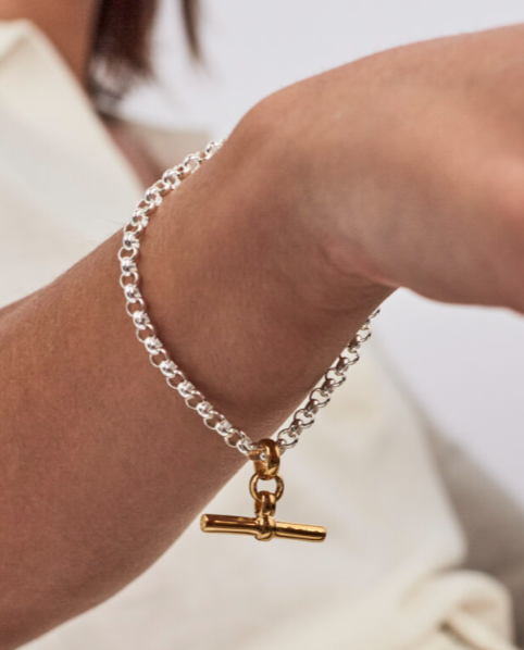 Tilly Sveaas Silver Belcher Bracelet With Gold T-Bar
