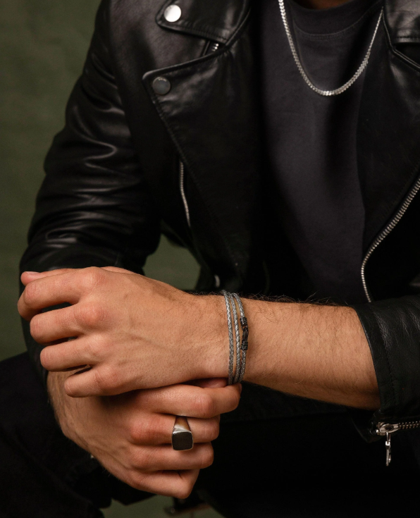 Nialaya Men's Grey Metallic Wrap Around Leather Bracelet