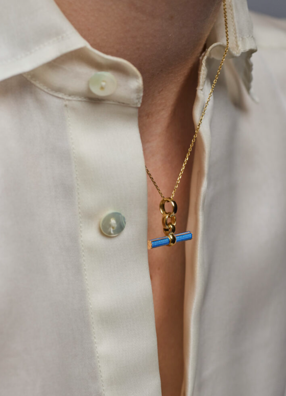 Tilly Sveaas Aquamarine Enamelled Small Gold T-bar on Trace Chain