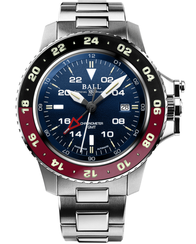 Engineer Hydrocarbon AeroGMT II (42 mm) | Blue Dial | Black/Red Bezel | Steel Bracelet | DG2018C-S3C-BE | Ball Watches for sale by Hooper Bolton UK