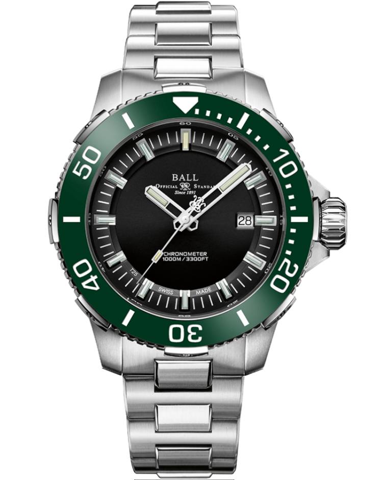 Engineer Hydrocarbon | DeepQUEST Ceramic | Black Dial | Green Bezel | Rubber Strap | DM3002A-P4CJ-BK | Ball Watches for sale by Hooper Bolton UK