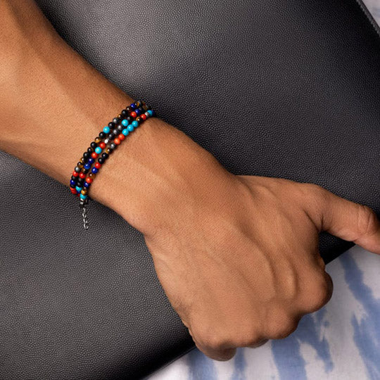 Nialaya | Men's Wristband with Assorted Vintage Trifocal Beads and Silver |MCHCO_602 | Hooper Bolton