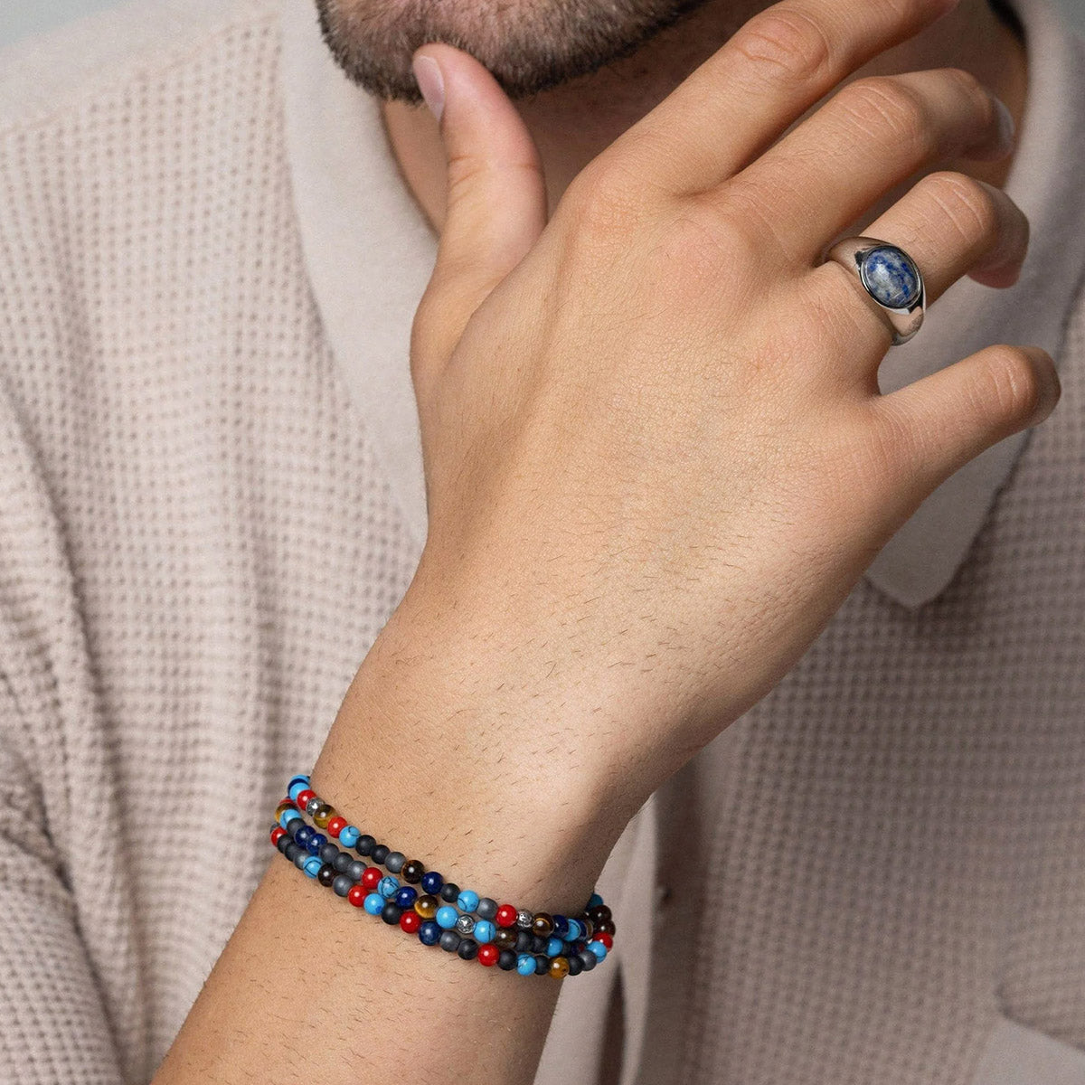 Nialaya | Men's Wristband with Assorted Vintage Trifocal Beads and Silver |MCHCO_602 | Hooper Bolton