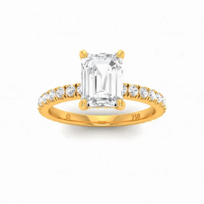 CERTIFIED 18ct YELLOW GOLD EMERALD DIAMOND HIDDEN HALO AND DIAMOND BAND ENGAGEMENT RING 1.50ct