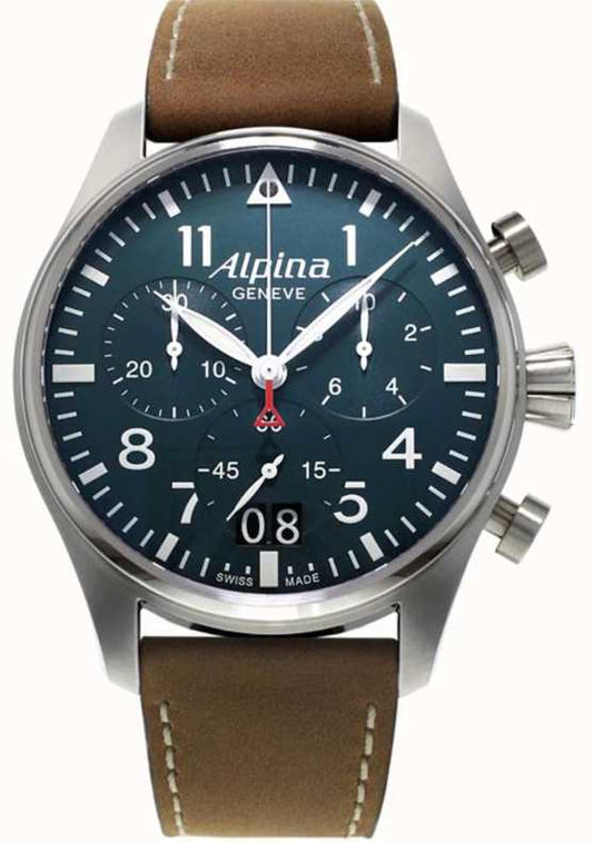 Alpina Men's Startimer Pilot Chrono | Brown Leather strap | Blue Dial AL-372N4S6