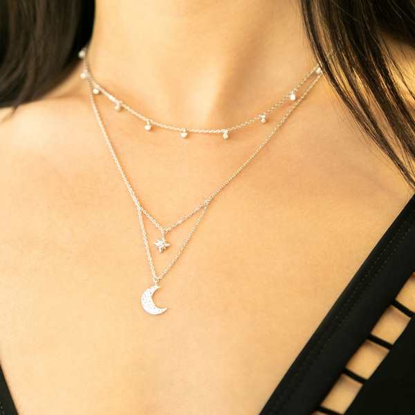 Catherine Zoraida SILVER STARRY NIGHT MOON AND STAR DROP NECKLACE