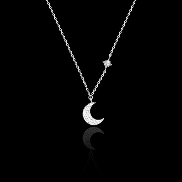 Catherine Zoraida SILVER HAMMERED MOON AND STAR ASYMMETRIC PENDANT