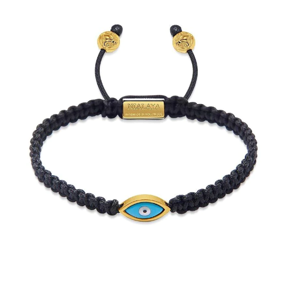 Nialaya Men's Black String Bracelet with Gold Evil Eye