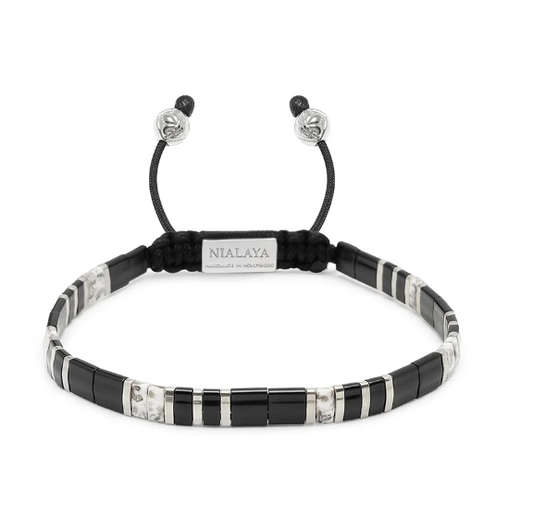Nialaya Men's Bracelet with Black and Silver Miyuki Tila Beads
