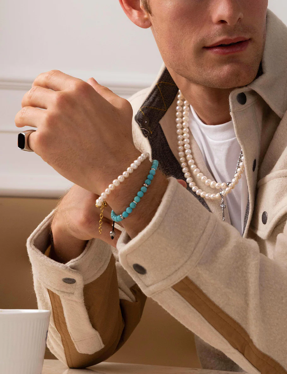 Nialaya Men's Beaded Bracelet with Turquoise and Silver