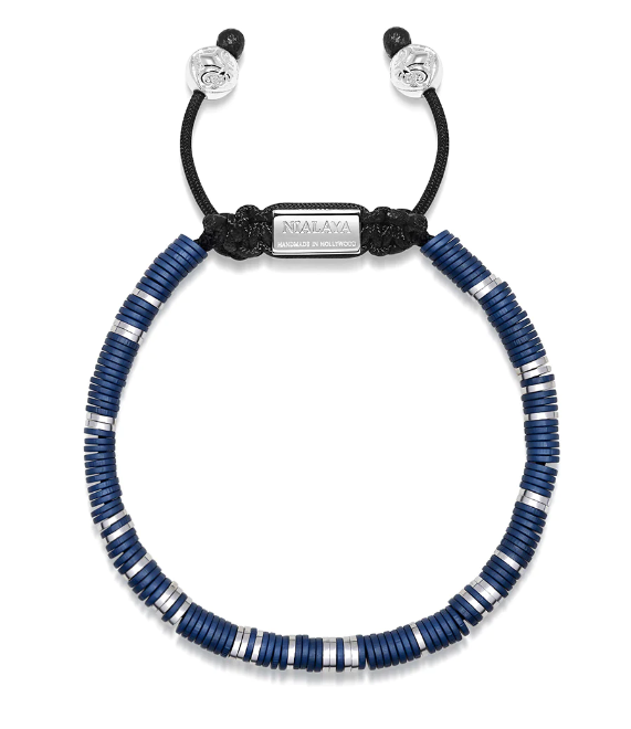 Nialaya Men's Beaded Bracelet with Dark Blue and Silver Disc Beads