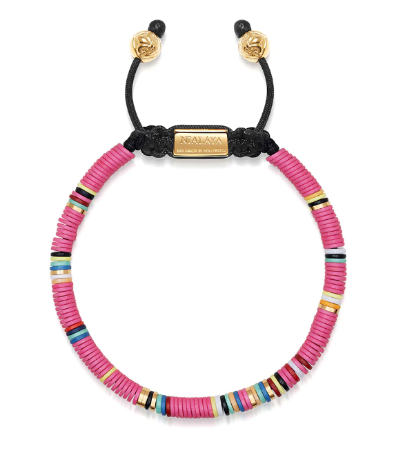 Nialaya Men's Beaded Bracelet with Pink and Gold Disc Beads