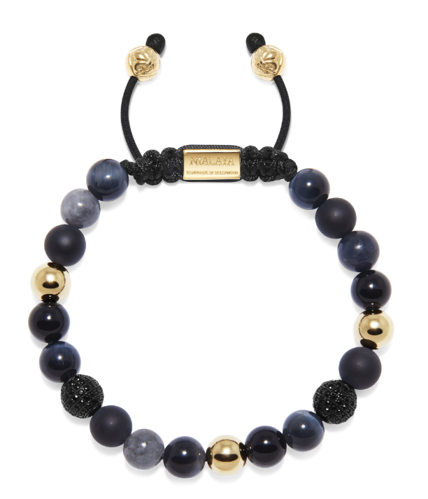 Nialaya Men's Beaded Bracelet with Agate, Onyx, Black Jade, and Blue Tiger Eye