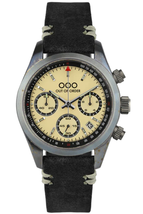 OUT OF ORDER WATCH CREAM SPORTY CRONOGRAFO - BLACK LEATHER STRAP