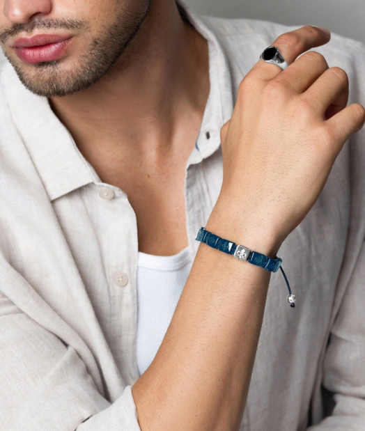 Nialaya Men's Ceramic Flatbead Bracelet in Blue and Sterling Silver