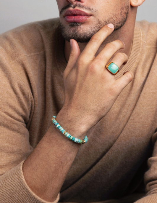 Nialaya Men's Hexagon Beaded Bracelet with Green Turquoise and Gold