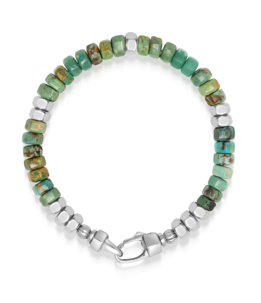 Nialaya Men's Hexagon Beaded Bracelet with Green Turquoise and Silver