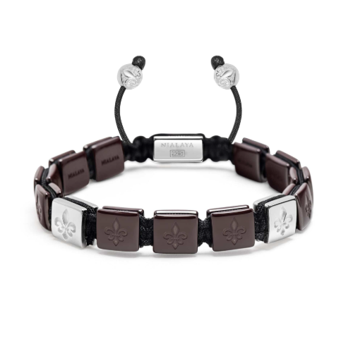 Nialaya Men's Ceramic Flatbead Bracelet in Dark Red and Sterling Silver