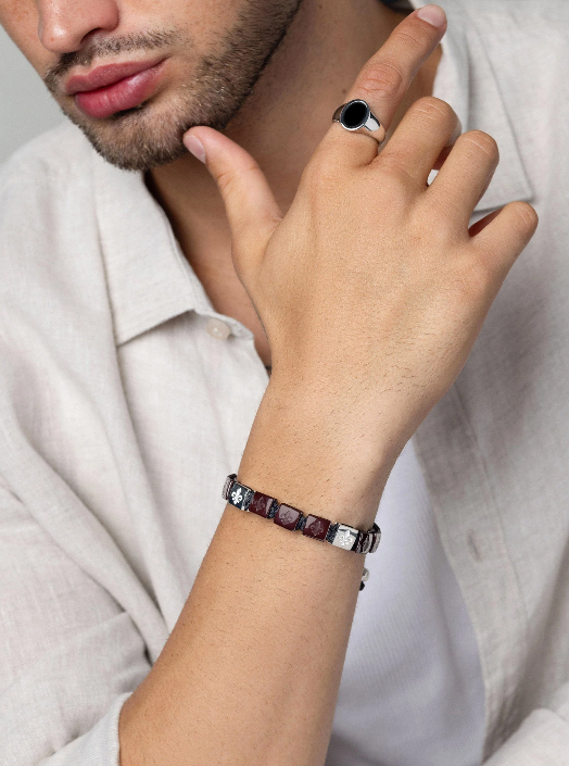 Nialaya Men's Ceramic Flatbead Bracelet in Dark Red and Sterling Silver