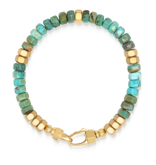 Nialaya Men's Hexagon Beaded Bracelet with Green Turquoise and Gold