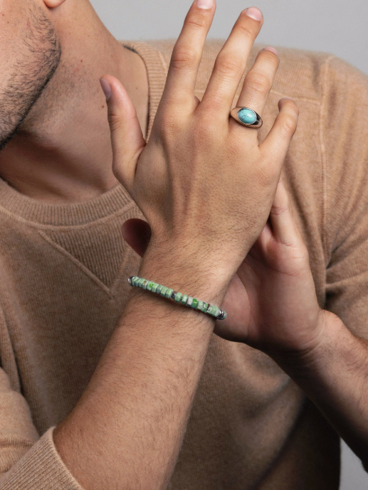 Nialaya Men's Hexagon Beaded Bracelet with Green Turquoise and Silver