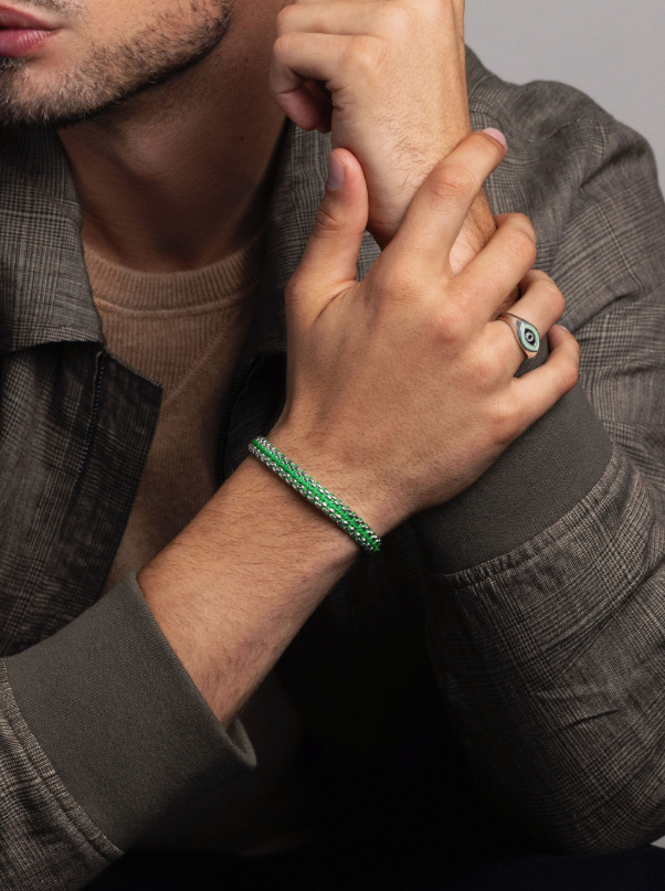 Nialaya Green Woven Box Chain Bracelet in Silver